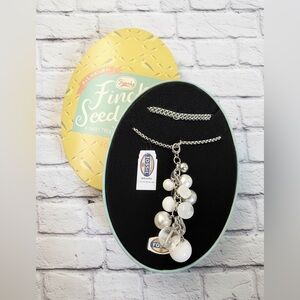 Fossil Steel Silver Tone Necklace With White Clear & Silver Clusters Pendant 23"